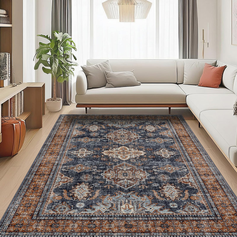 Tapis lavable et antirouille pour tapis de salle à manger, Bleu-Orange, 9 pi x 12 pi