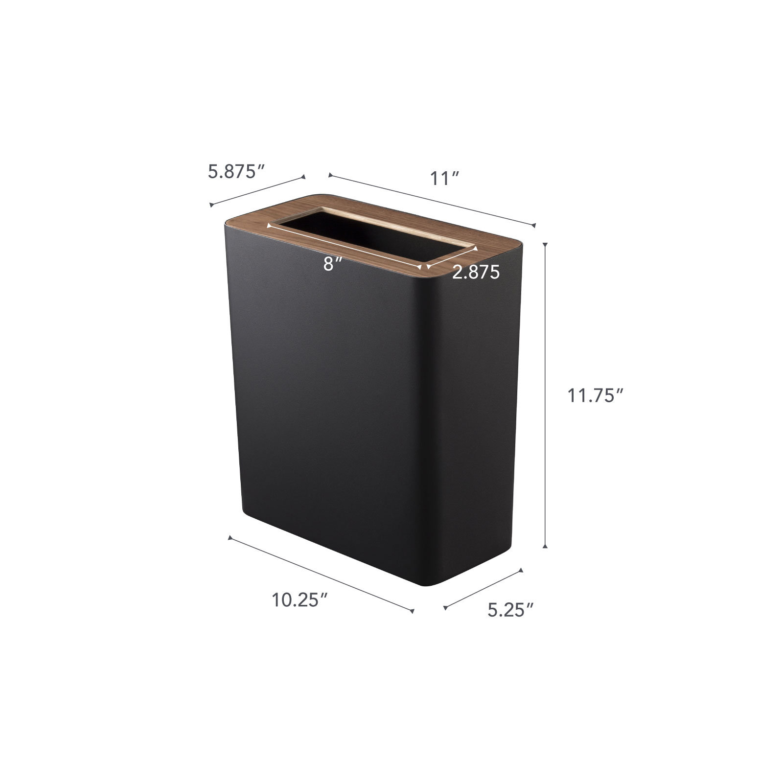 Rin Yamazaki Home Slim Rectangular Trash Can For Kitchen Bathroom Bedroom, Steel + Wood, 2.5 gallons, Black