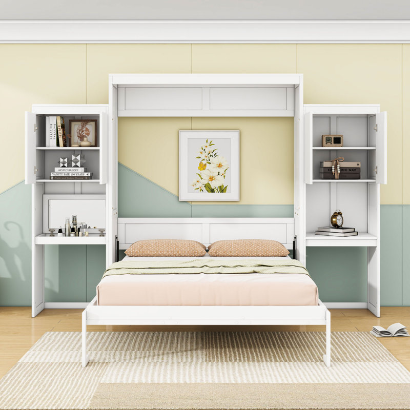 Grand lit escamotable en bois avec coiffeuse et armoire et lattes, Blanc