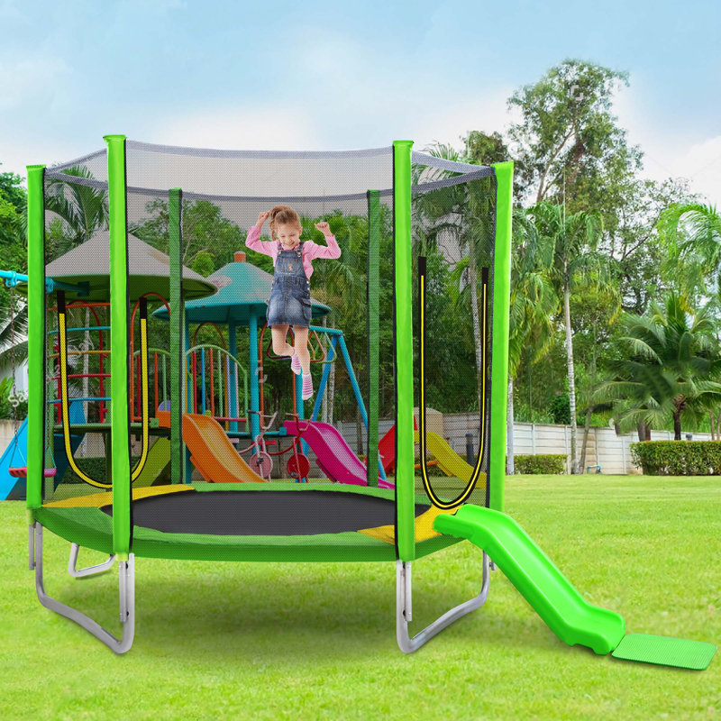 Trampoline d'extérieur polyvalent pour enfants avec caractéristiques de sécurité et de divertissement, Vert