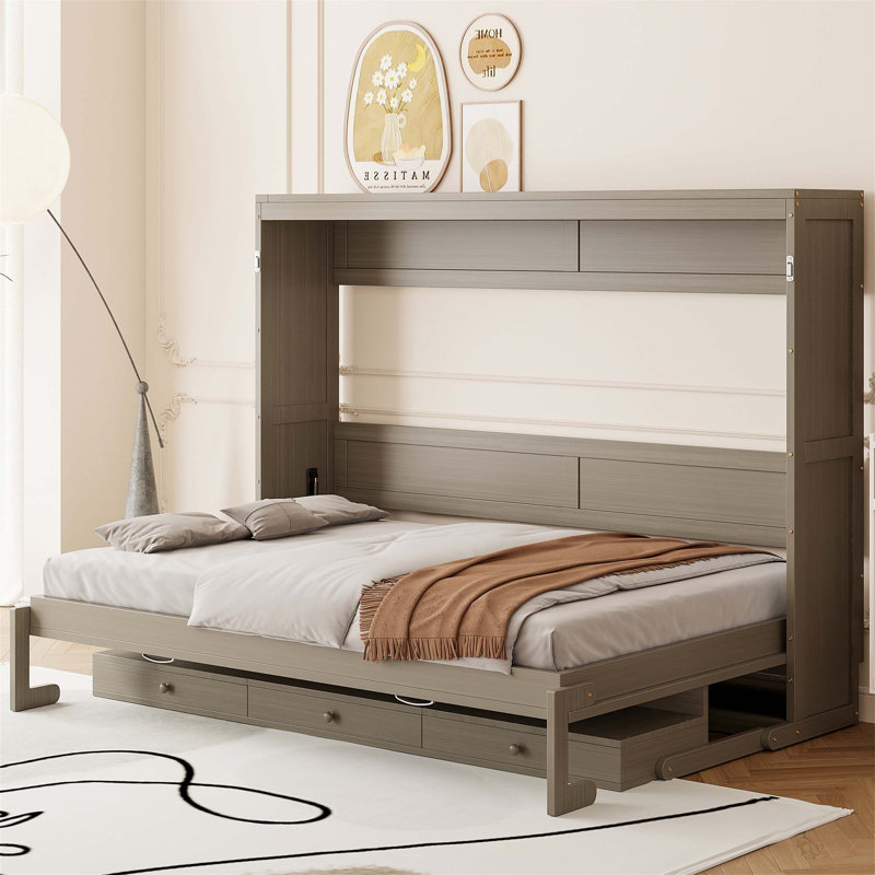 Grand lit escamotable mural avec rangement, conception pliable, bureau de coiffeuse, miroir central et 2 tiroirs latéraux, gris vieilli