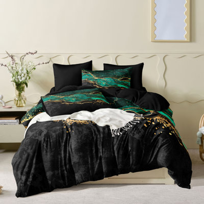 Queen Comforter Set Emerald Green, Marble Bedding Comforter Set, Metallic Foil Print Black Gold Bedding Dark Green Abstract Modern Comforter Set