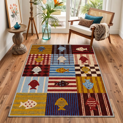 Machine Washable Patchwork Brown / Red Area Rug With Non-Slip Backing