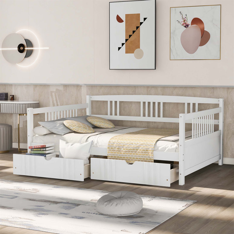 Lit de jour en bois avec deux tiroirs, multifonctionnel et peu encombrant pour la vie moderne, Lit double, Blanc