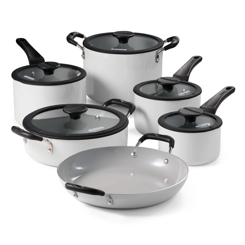 Batterie de cuisine gigogne en céramique antiadhésive 11 pièces - empilable, pour économiser de l'espace - Blance de blance