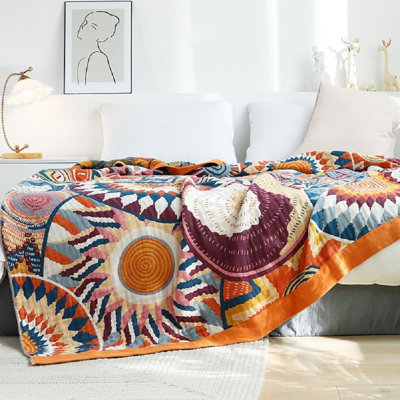 100% Cotton Reversible Quilt Throw Blanket Soft Breathable Boho Farmhouse Vintage Blanket for Couch Sofa & Bed Decorative