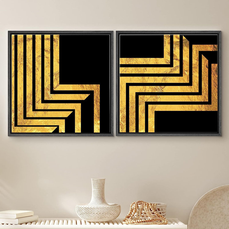 «Geometric Line», reproduction d'illusion mauve et verte encadrée sur toile, 2 pièces, H 16 po x l 32 po x P 1,5 po, Noir