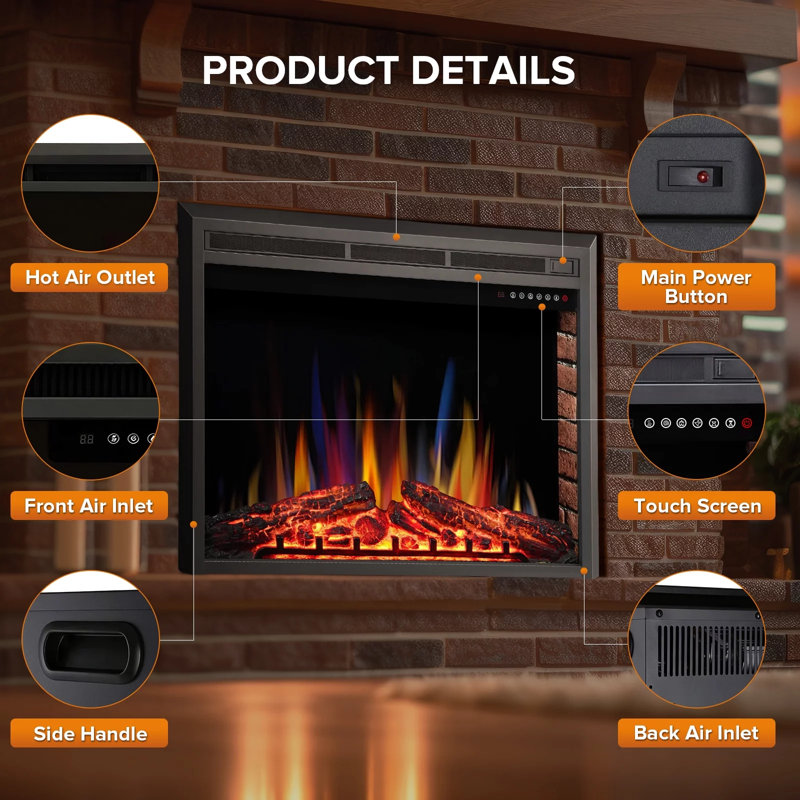 Insert Electric Heater With Touch Screen, Colorful Flame & Timer Control, 750W-1500W And Classic Black