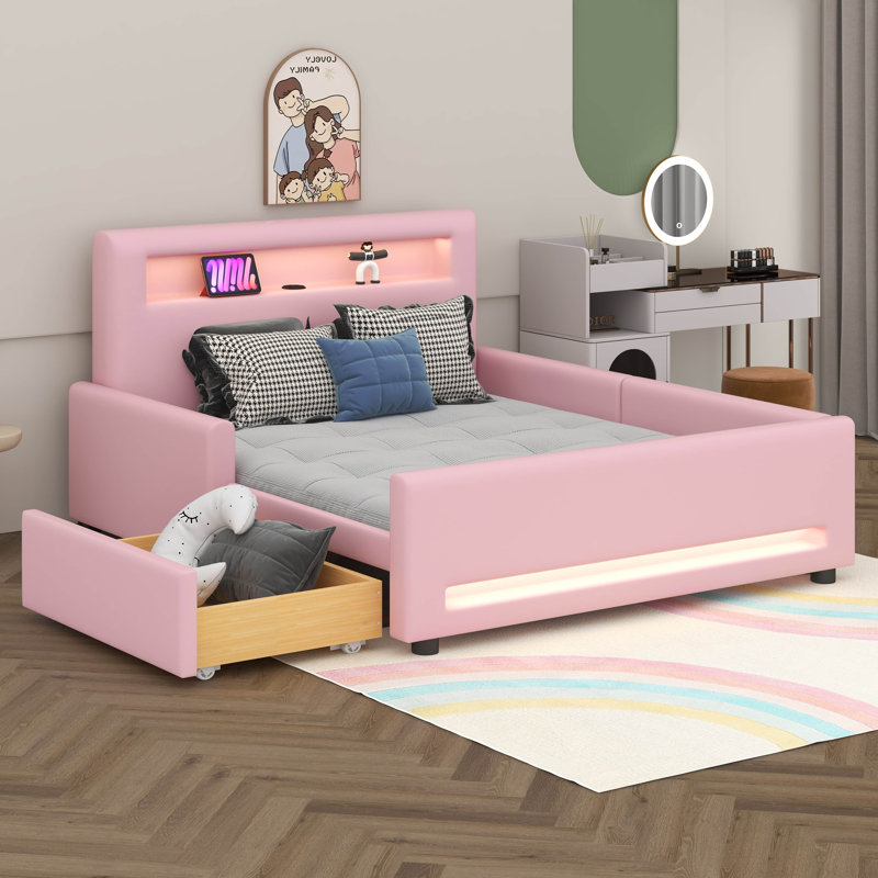 Lit plateforme tapissier avec tiroir, lumière DEL, tiroir de rangement, Lit double, Rose