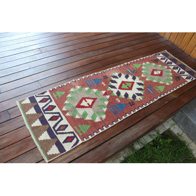 Vintage Turkish Kilim Runner in Geometric Design for Hallway and Bohemian Decor Handwoven Area Carpet