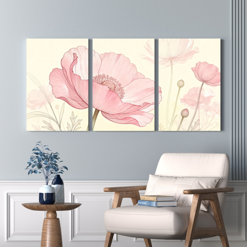 «Pink Poppy», art mural tendu sur toile à motif floral (ensemble de 3), H 36 po x l 72 po
