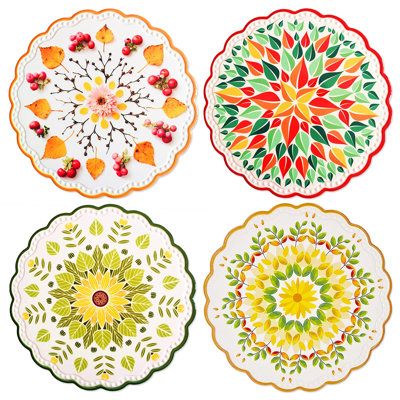 Sous-plat en céramique pour casseroles à fondue, résistant à la chaleur, rond, magnifique tapis à motif de fleurs avec base en liège anti-rayures, sous-plat rond et cadeau pour les amis, ensemble de 4 décorations de table de cuisine, couleurs variées