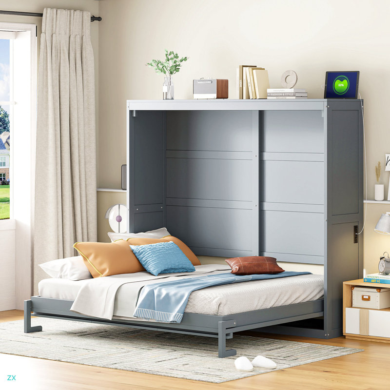 Lit escamotable double pleine grandeur, Gris, Lit double