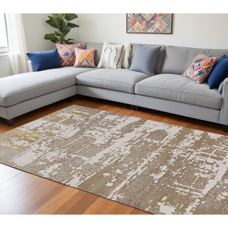 8' X 11' Ivory Taupe And Gold Abstract Area Rug