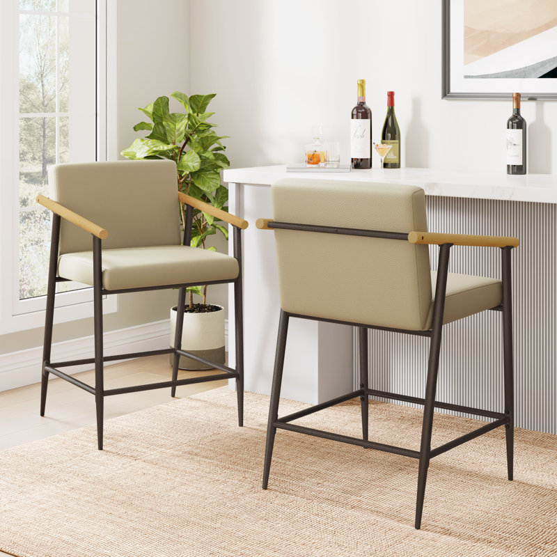 Tabouret de comptoir de style Mid-Century avec accoudoirs en bois Henri, Kaki