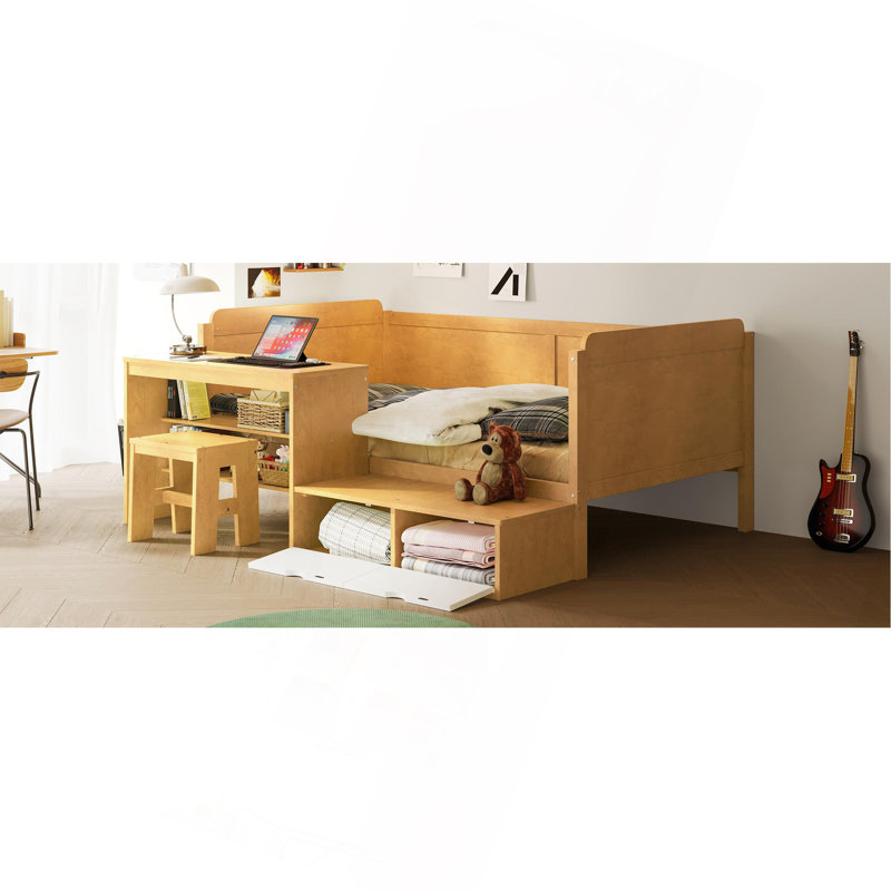 Lit de jour simple en bois avec tablettes de rangement et casiers, lit multifonctionnel avec bureau d'étude et tabouret assorti