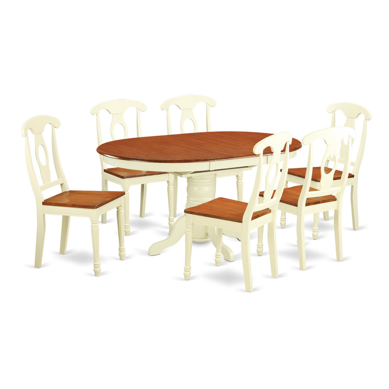 7 Piece Modern Dining Table Set Consist of an Oval Wooden Table with Butterfly Leaf and 6 Kitchen Dining Chairs, Buttermilk & Cherry