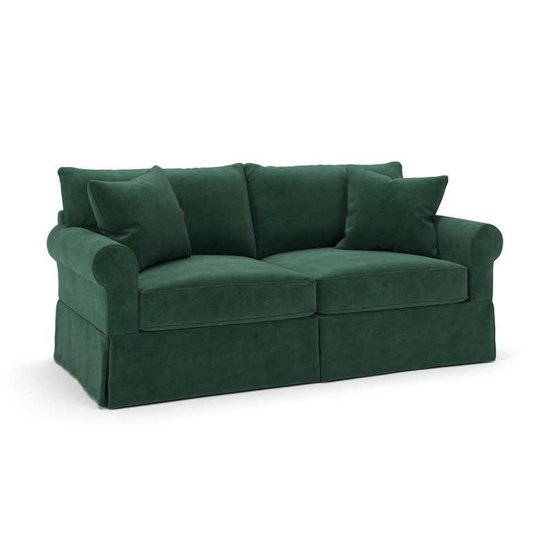Amari 84" Rolled Arm Slipcovered Sleeper Sofa with Reversible Cushions, Bella Hunter Performance Velvet