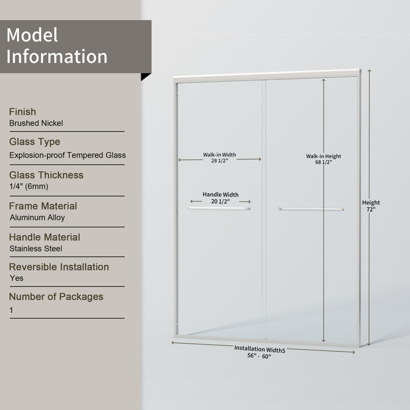 56 " - 60 " W x 72 " H Semi-Frameless Double Sliding Shower Door, 1/4" (6mm) Tempered Glass, Brushed Nickel