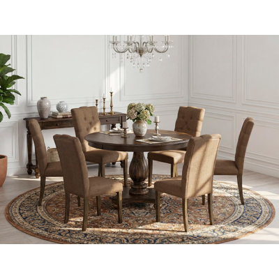 Ensemble de table de salle à manger 7 pièces composé d'une table de cuisine ronde avec piédestal et 6 chaises de salle à manger Parson en tissu brun, patiné Jacobean