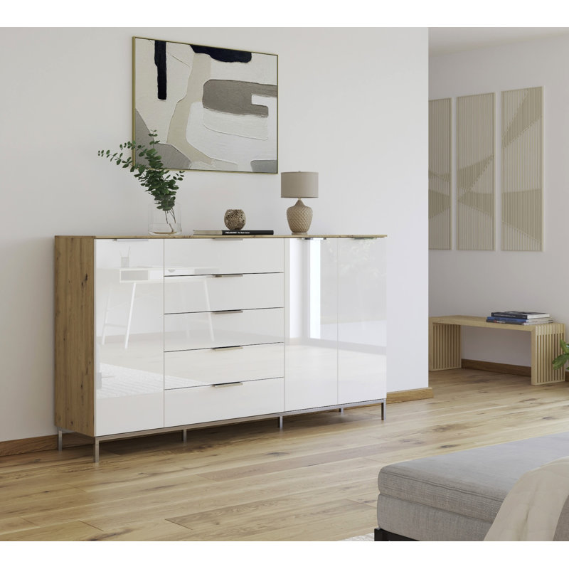 Flipp 5 - Drawer Chest of Drawers, Artisan Oak/White Glass/Chrome