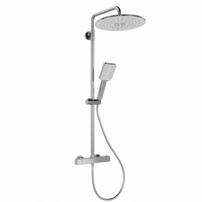Anti-Scald Thermostatic Shower Column Set, 38°C Safety Lock, 304 Stainless Steel Chrome Finish, Rain Head, 5-Function Square Handheld, Adjustable Bar and 1.5m Hose