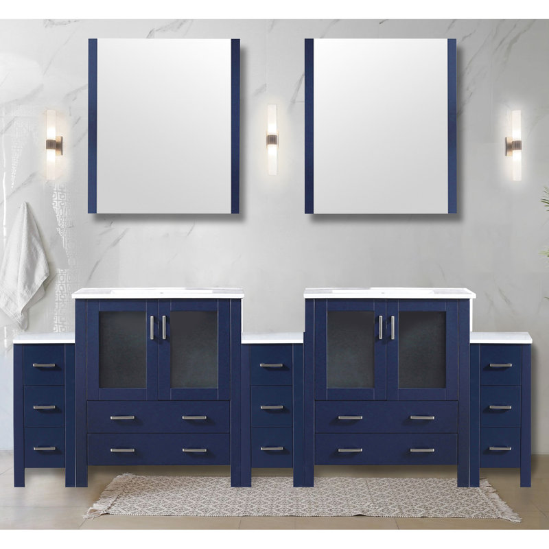 Meuble-lavabo double bleu marine 96 po En largeur et profondeur de 18,25 po, plateau en céramique blanche, structure en bois massif, tiroir à fermeture en douceur, 2 armoires intérieures pour la gestion du rangement, comptoir à teinture,
