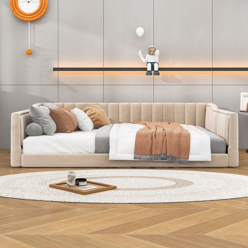 Upholstery Daybed with Storage pocket, Beige, Full Extra-Long