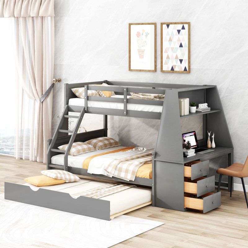 Lit superposé avec lit gigogne et bureau intégré, Gris