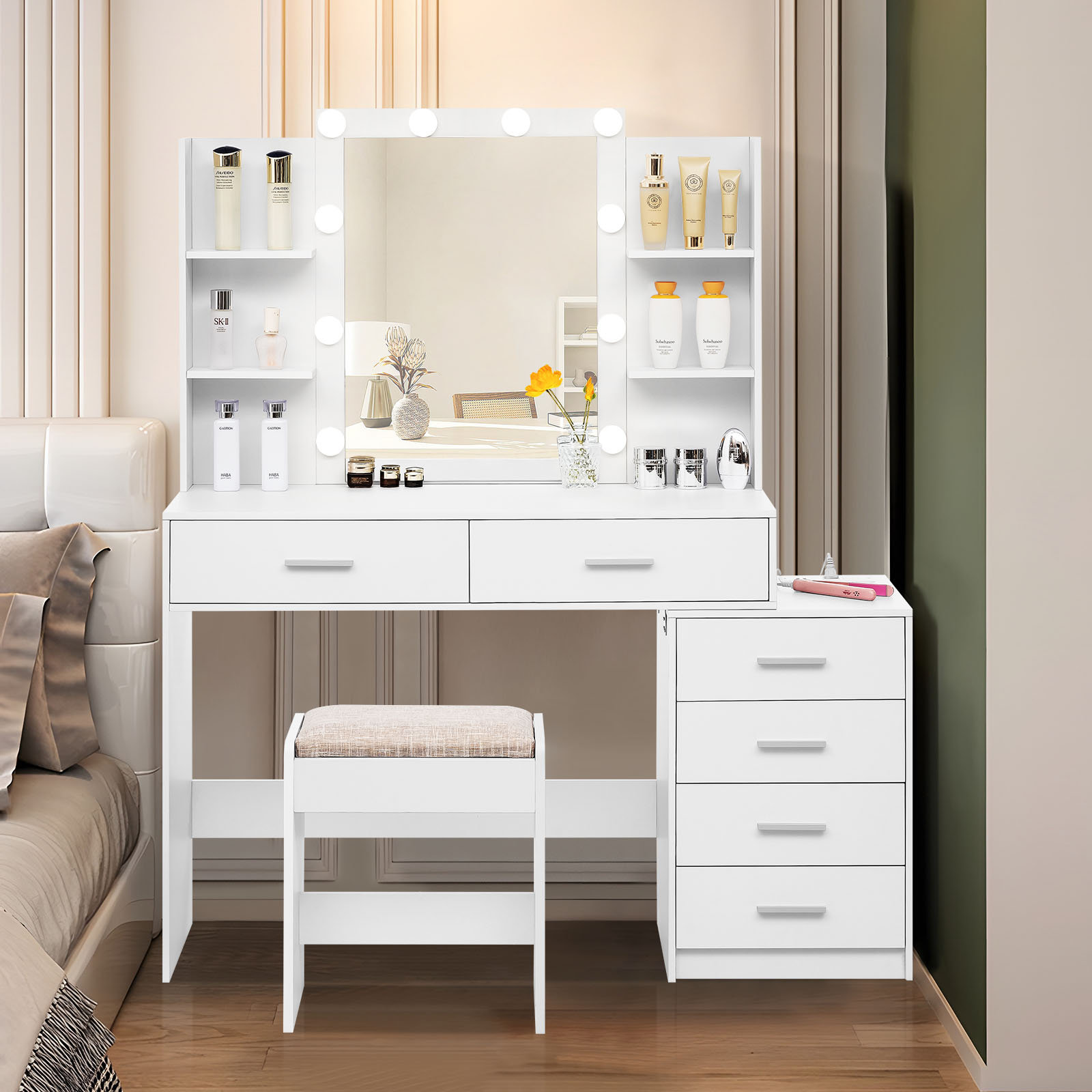 Vanity Table Set LED Lights Mirror 4 Drawer Dresser Desk Bedroom Makeup  Dressing | eBay