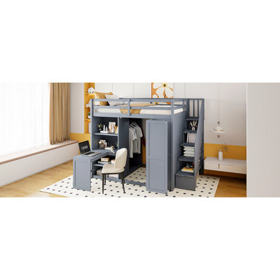 Harriet Bee Full Size Loft Bed With Wardrobe,Desk And Shelves