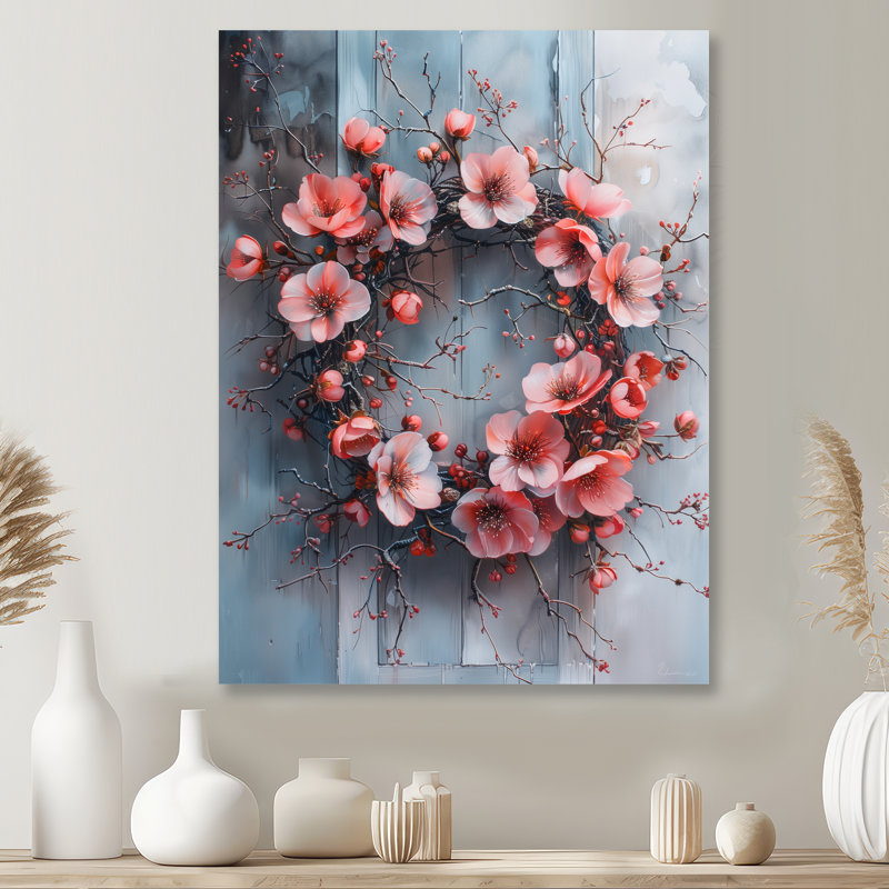 Décoration murale couronne rose et murmures roses et blanches II, Métal métal, H 16 po x l 32 po x P 1 po
