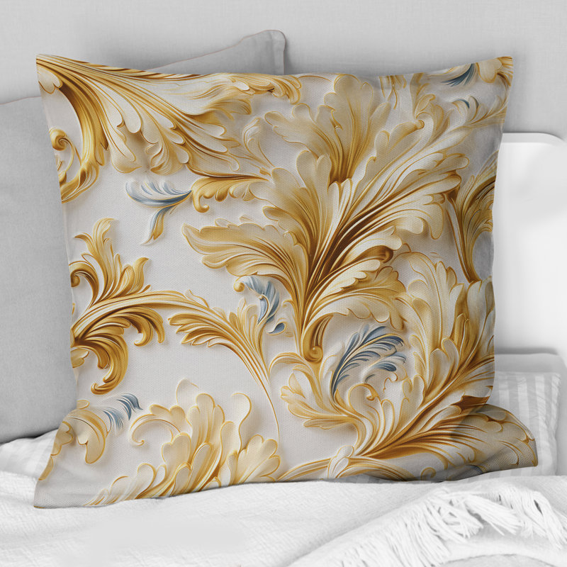 Coussin décoratif en polyester damassé doré et blanc doré, 20 po x 20 po