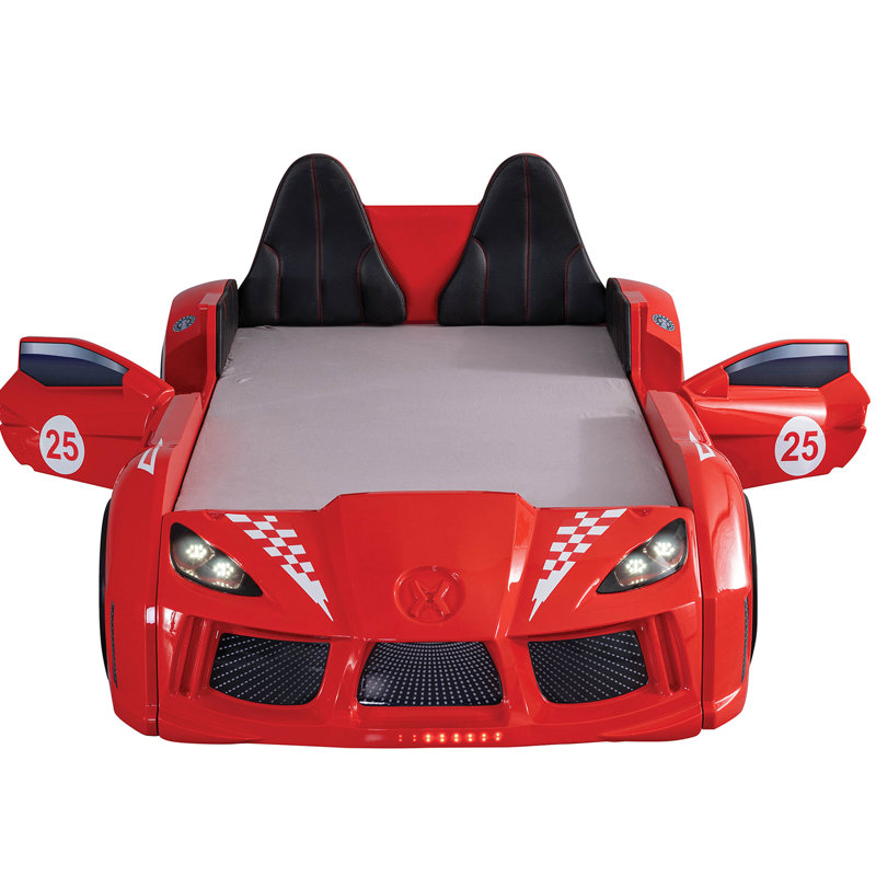 Twin Size Red Race Car Bed In Modern Novelty Cast, Magnetic Opening Doors, Led Lights On Wheels And Bottom, Upholstered Headboard, Remote - Operated 4 Sound Assemblages, Headlights As Night Sparkles