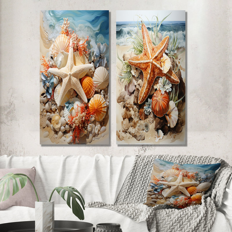 Étoile de mer orange et bleu Sands II - ensemble d'art mural en métal tropical côtier, H 32 po x l 32 po
