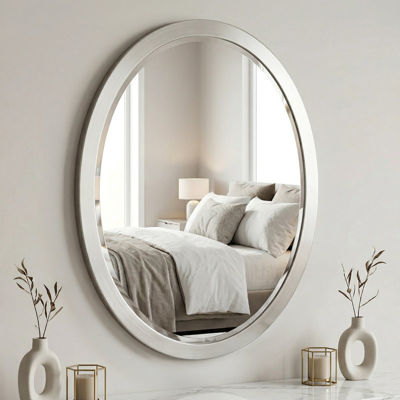 Miroir mural ovale biseauté en acier inoxydable brossé 23 po x 29 po pour meuble-lavabo, chambre à coucher, entrée, salon et couloir