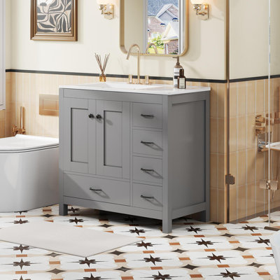 Meuble-lavabo gris 36 po avec lavabo en céramique, armoire de rangement abondante, 2 portes à fermeture douce et 5 tiroirs