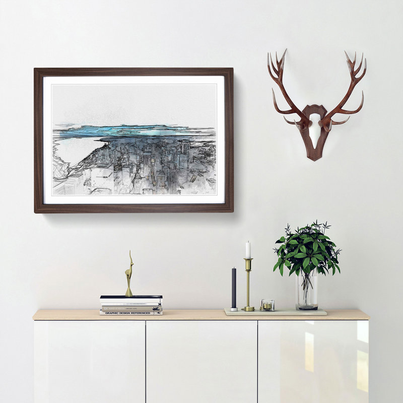 The Seattle Washington Skyline in Abstract - Framed Print, 35cm H x 50cm W x 2cm D, Walnut