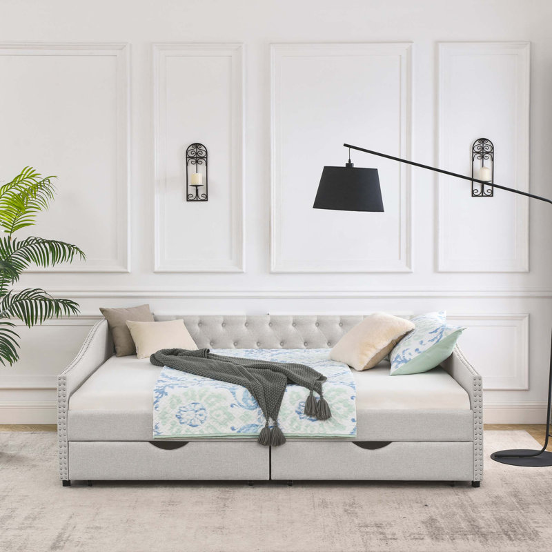 Queen Size Daybed With Drawers Upholstered Tufted Sofa Bed,With Button On Back And Nail On Waved Shape Arms (84.5"X63.5"X26.5")