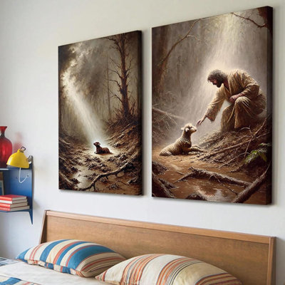 2 pièces Jésus et agneau, art mural, le bon berger, peinture murale chrétienne religieuse, Jésus sauve les moutons perdus, affiche, affiche, pour chambre à coucher, salon, décoration de la maison, 12 po x 16 po