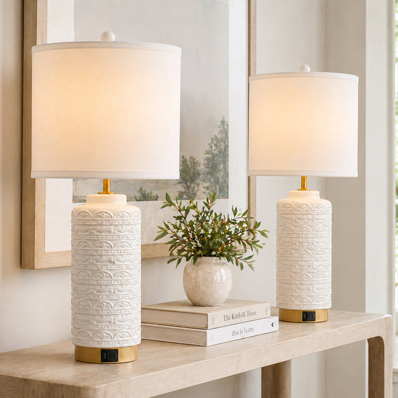 Lampe de table Boho en céramique, lampes de chambre à coucher ou de salon de 26 po de hauteur avec ports de charge USB