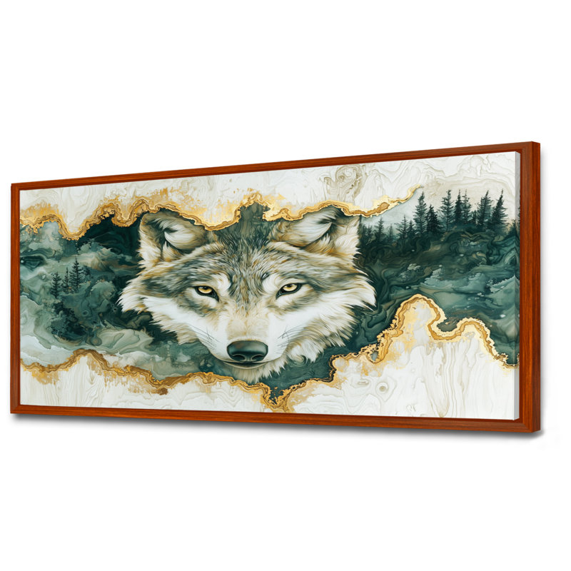 Loup en hiver, forêt, rivière à encre II - animaux, art mural, H 28 po x l 60 po, Impression encadrée flottante, Brun
