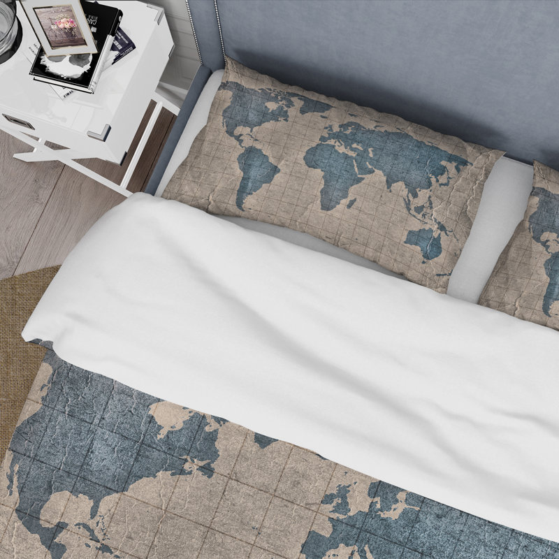 Ancienne carte du monde I - Ensemble de housse de couette rustique - Microfibre de polyester