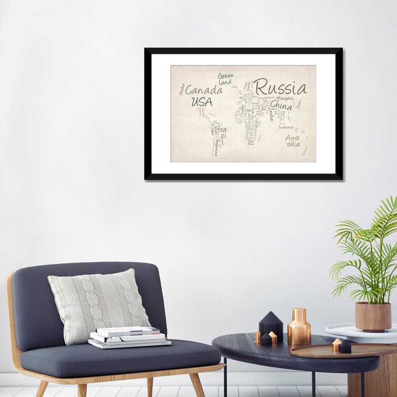 « World Map » par Michael Tompsett, art textuel sur toile, H 24 po x l 32 po x P 1 po, Papier d'art encadré noir, Blanc