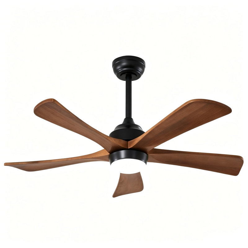 Ventilateur de plafond moderne à 5 pales de 42 po avec lumière, Noir mat, 42 po de largeur, Bois naturel