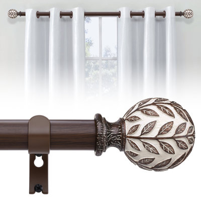 Leaf Wood Grain 1" Single Curtain Rod,Walnut Wood-White,36-144"