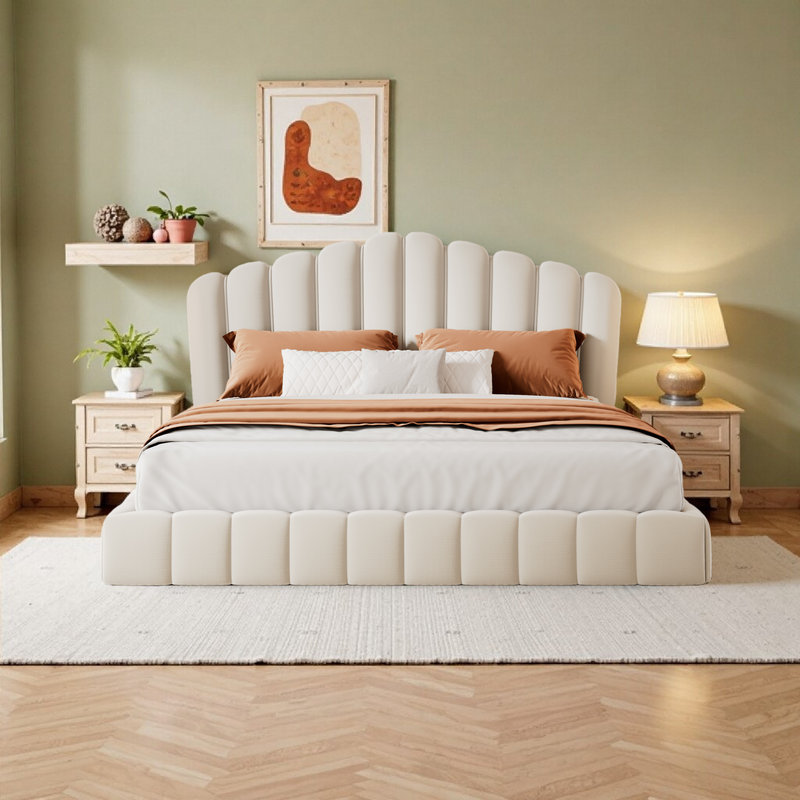 Structure de lit tapissier en velours avec tête de lit Coquille - Aucun sommier requis, Crème, crème