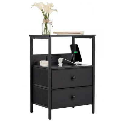 Nightstand with Charging Station, Compact Night Stand End Table with 2 Fabric Drawers & Open Storage Shelf, Side Table with USB, Type-C Ports & Outlets, Modern Bedside Table for Bedroom, Black