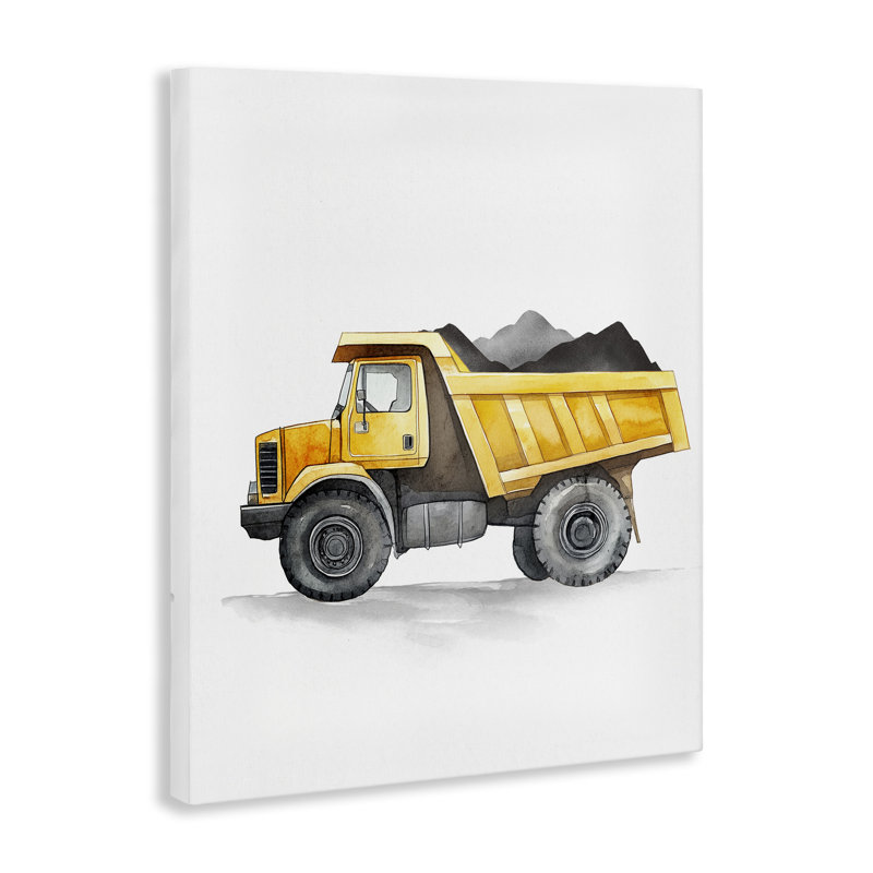 Art mural en toile jaune avec camion de travail, conception par Christine Simpson Art, H 30 po x l 24 po
