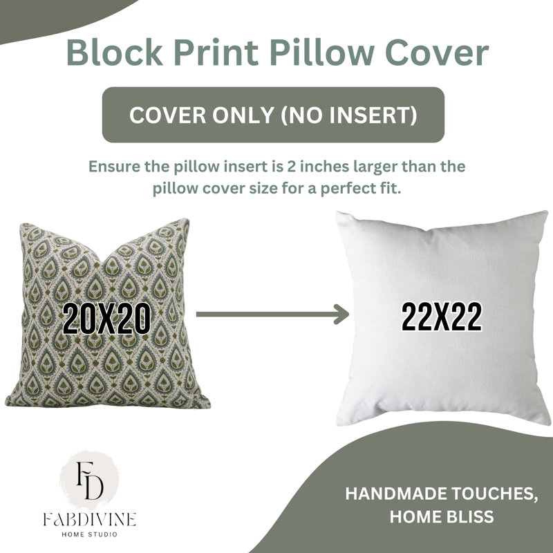 Fabdivine Pillow Cover Handmade Block Print Cushion-Sun Flower, Square 20", Green Block Print/Floral 3